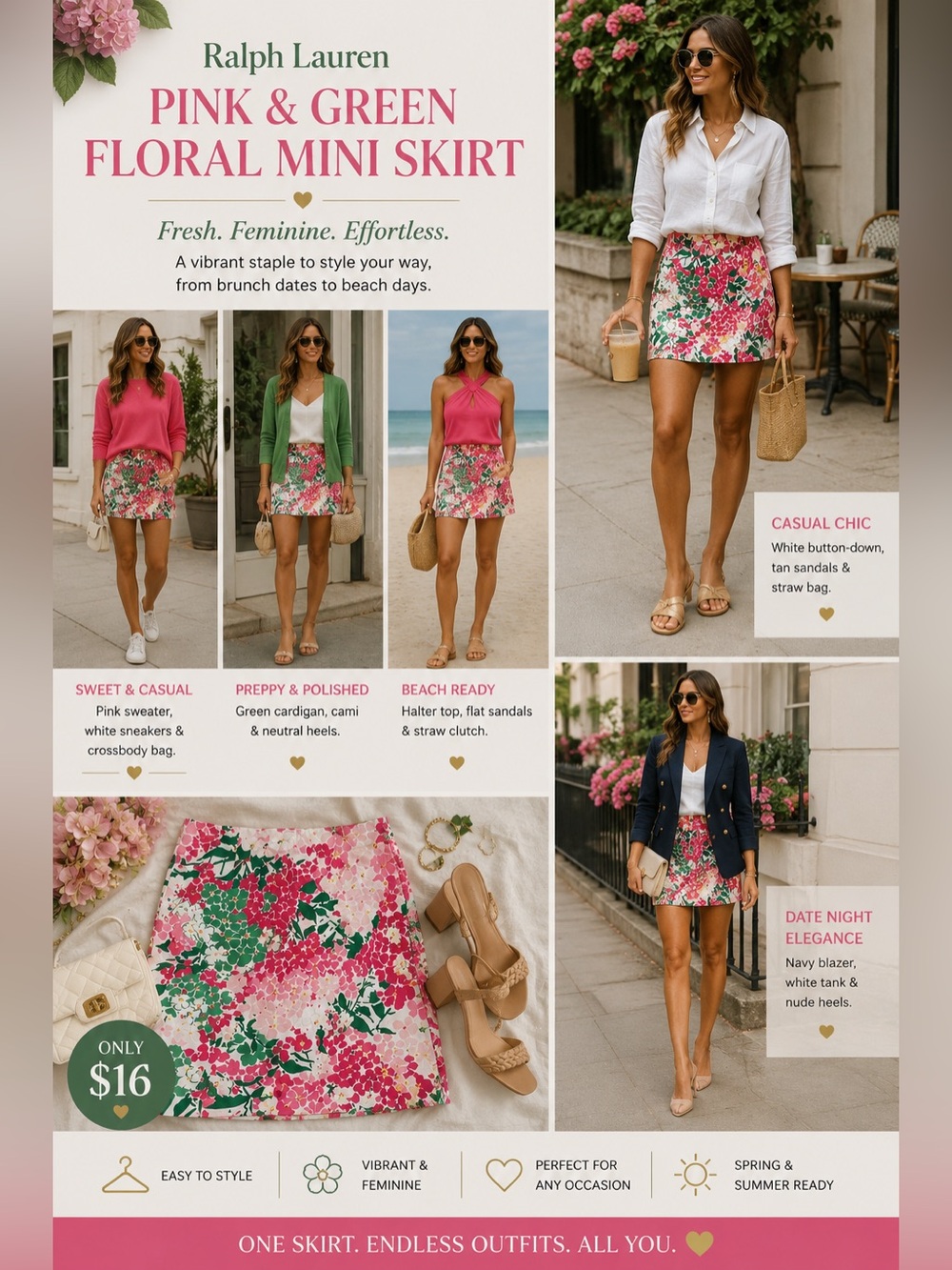 Lauren Ralph Lauren Pink and Green Floral Mini Skirt